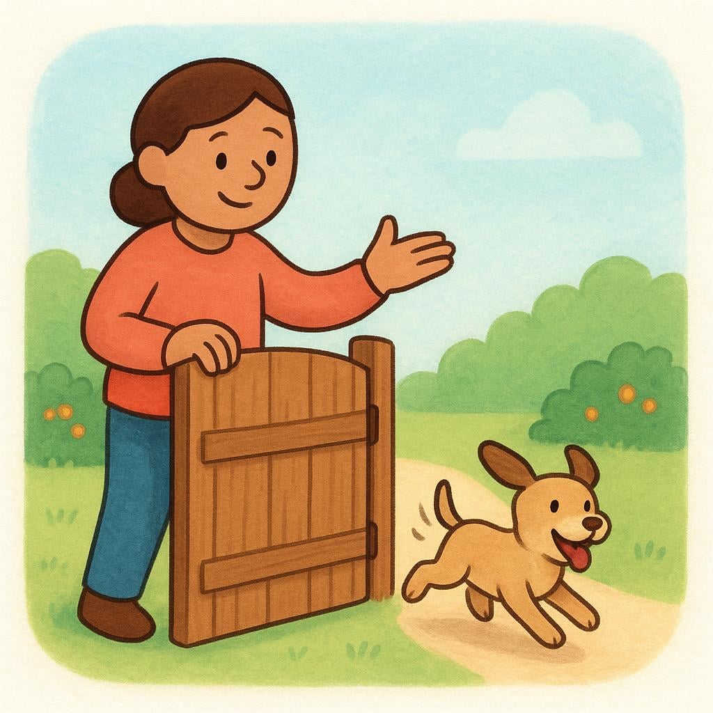 A storybook illustration showing a person holding a wooden gate open so a small, happy dog can run through, representing permission or allowing.