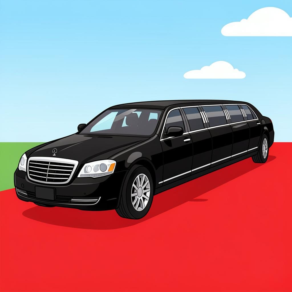 A very long, sleek black luxury car parked on a city street.