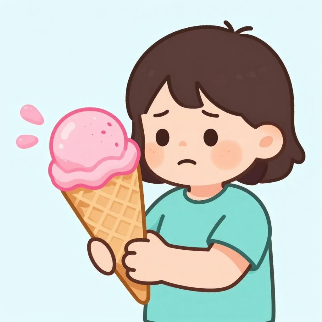 A child looking sadly at a very small scoop of ice cream on a large cone.