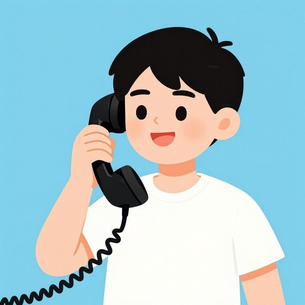 친근한 사람이 빈티지 전화 수화기를 귀에 대고 웃는 표정을 짓고 있습니다.