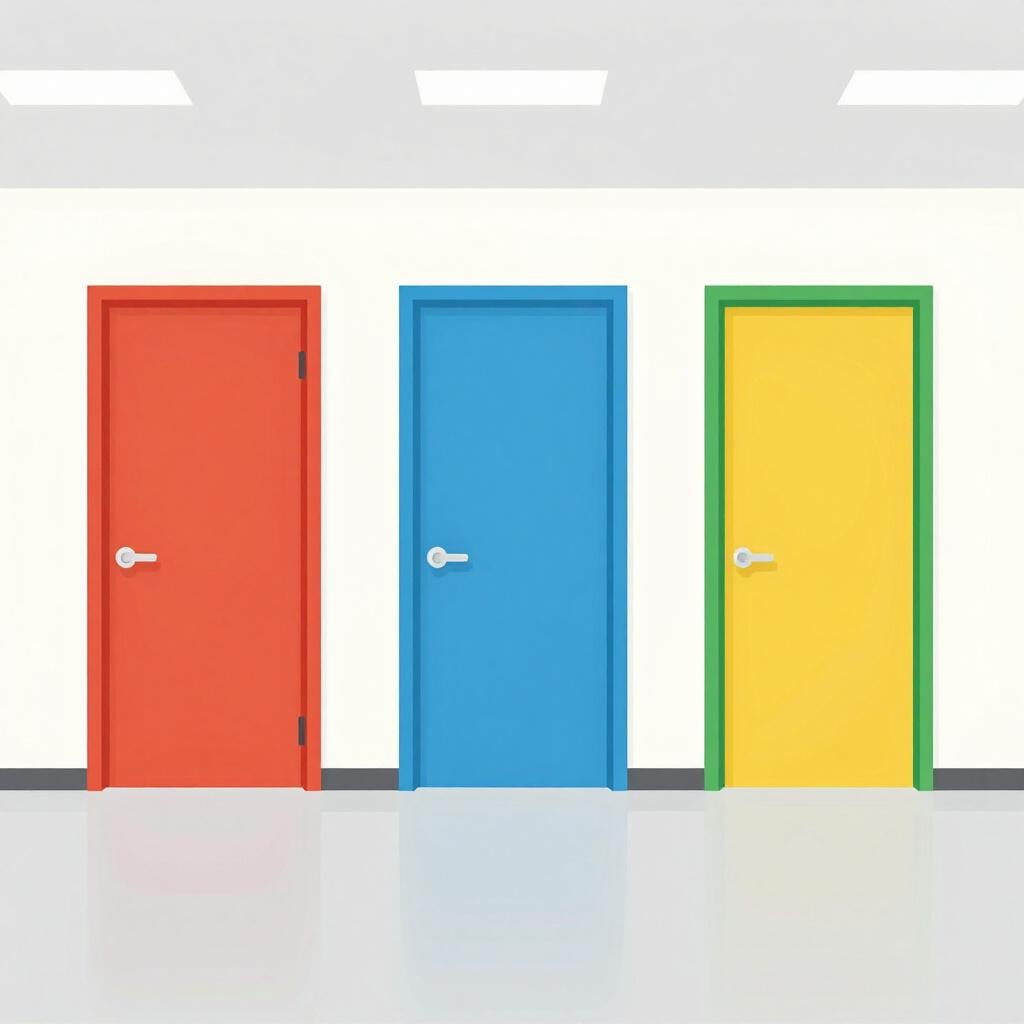 Um grande edifício com portas de cores diferentes, cada uma representando um departamento diferente.