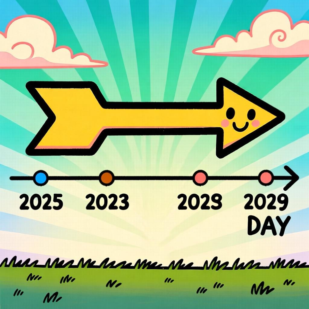 A simple timeline showing years, with a large arrow starting at a specific year in the past and pointing towards the present day.