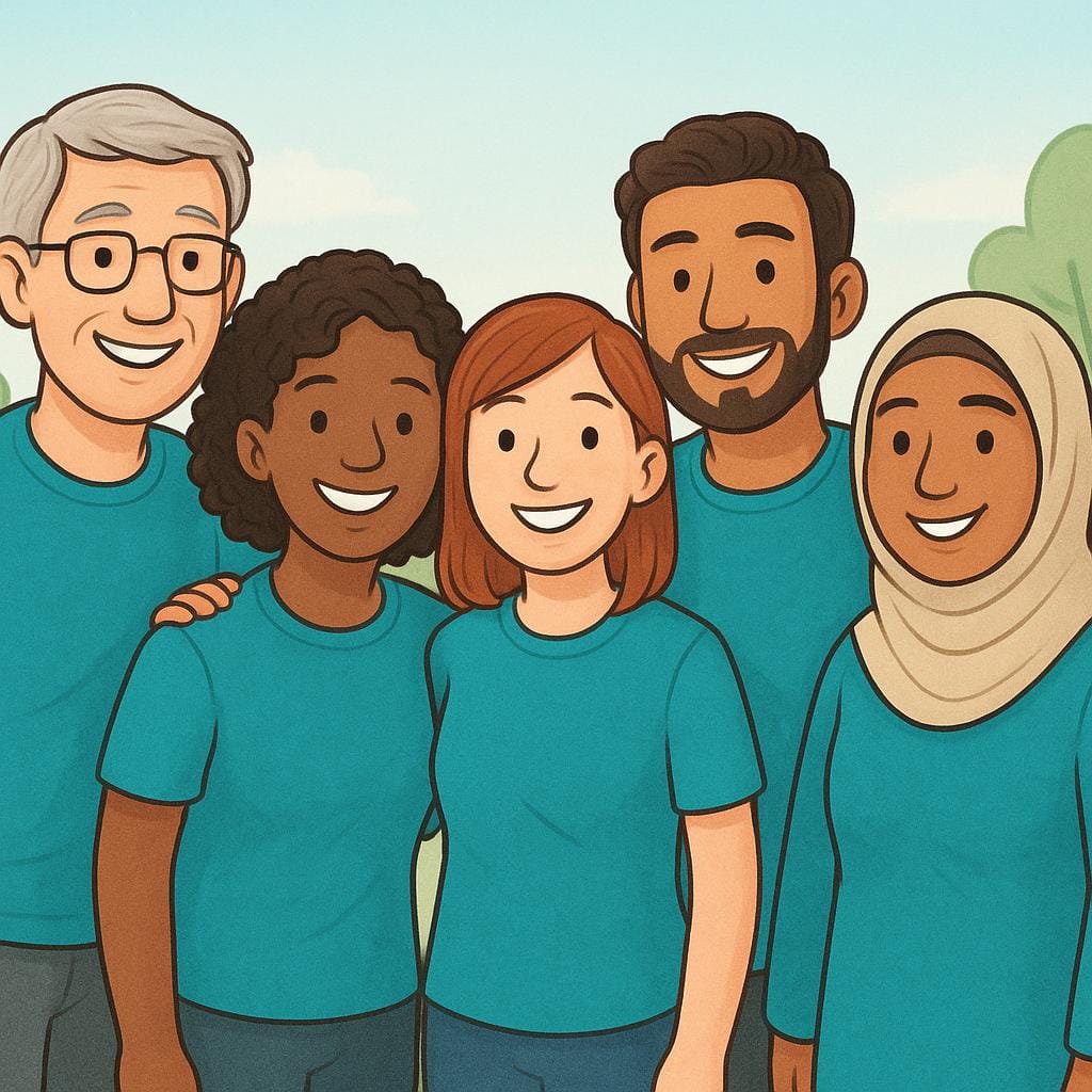 Een simpele, kleurrijke illustratie van vijf diverse mensen die bijpassende blauwe shirts dragen, dicht bij elkaar staan en glimlachen als een samenhangend team.