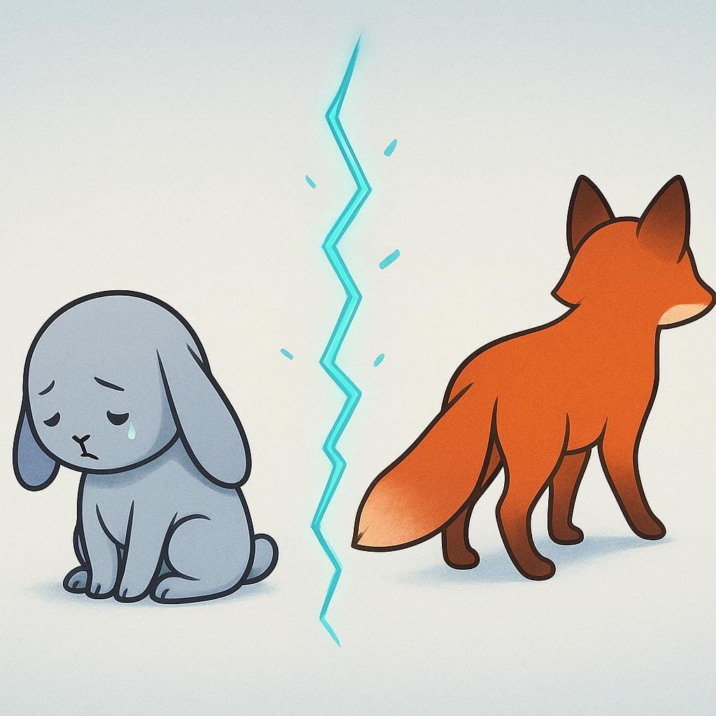 A simple storybook illustration of a stylized fox turning its back and walking away from a stylized rabbit, who stands alone looking sad. A jagged, broken line separates the two characters, symbolizing a broken bond or trust.