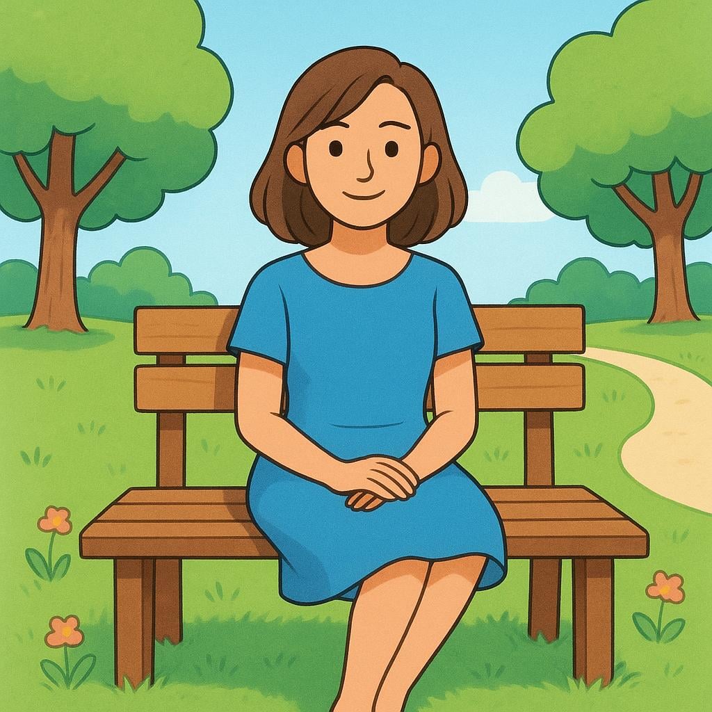 A young woman with a calm expression sitting upright on a simple wooden bench in a garden.