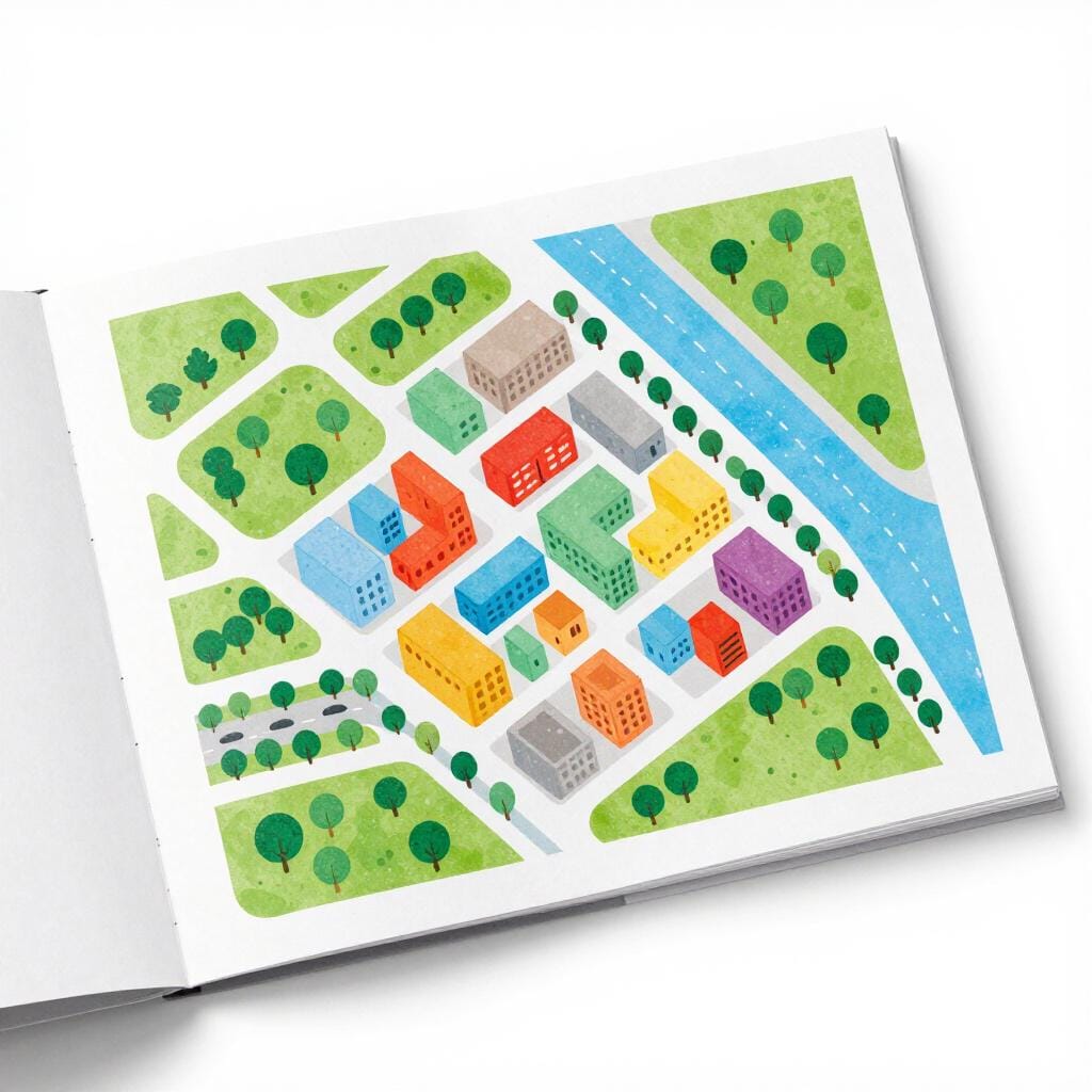 A colorful paper document showing a grid of city blocks and a winding blue river.