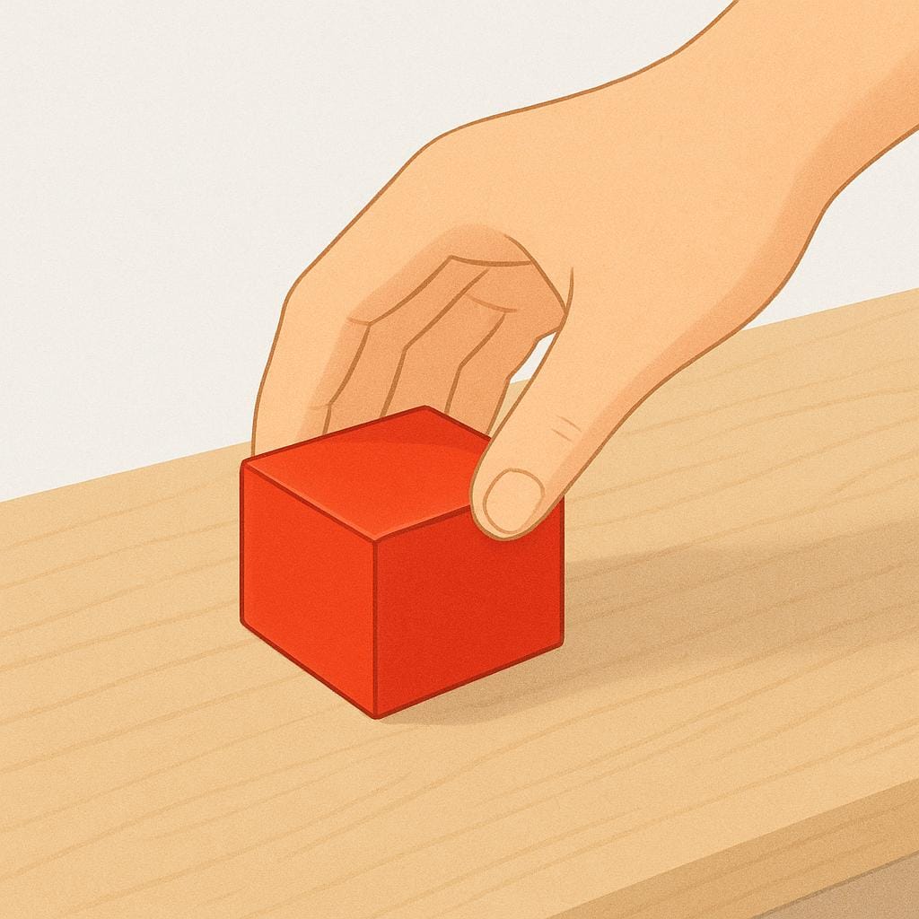 A close-up illustration of a hand gently setting a small, bright red box down onto a plain wooden surface, depicting the action of depositing an object.