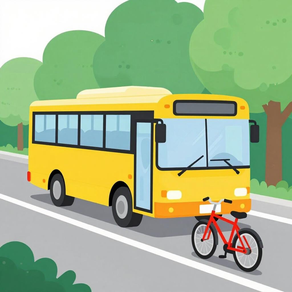 Ein bunter Bus und ein Fahrrad fahren auf einer sauberen Stadtstraße mit Bäumen.