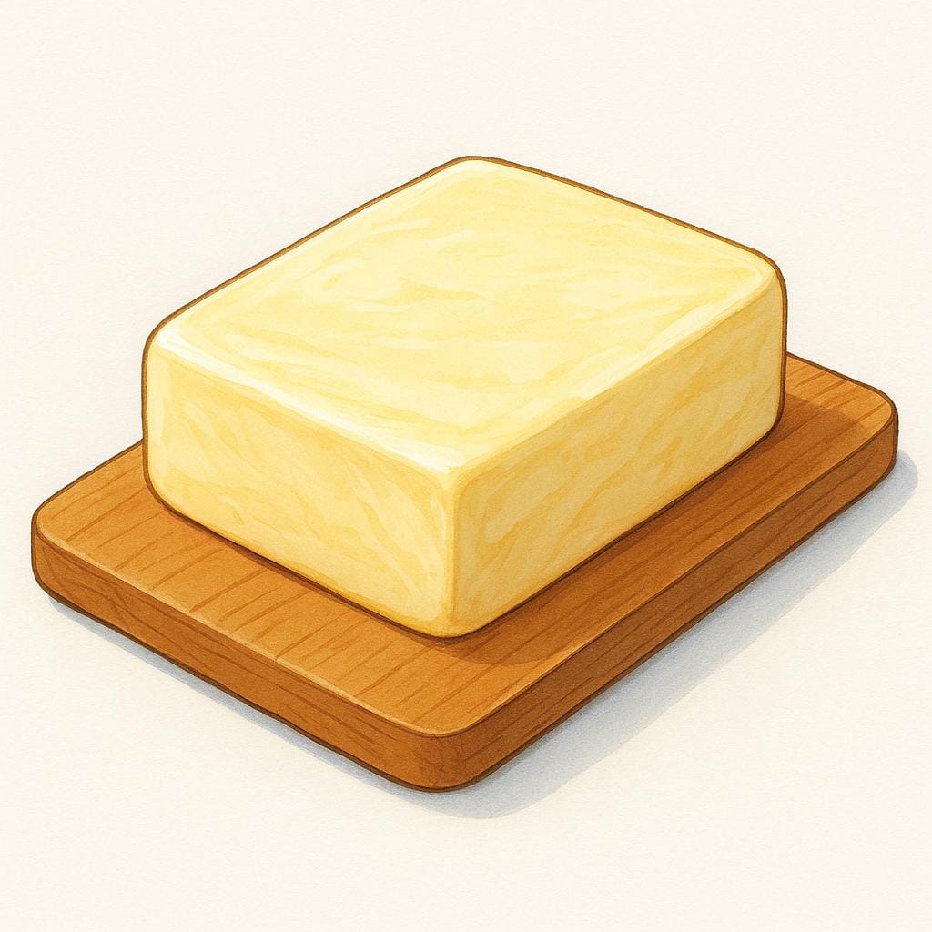 A thick, yellowish-white slab of animal fat, often used for cooking, resting on a simple wooden cutting board.