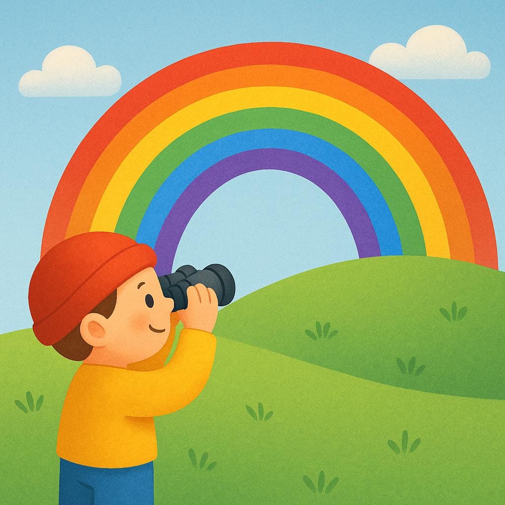 A high quality simple colorful storybook illustration of a small, cheerful figure looking intently through binoculars toward a vibrant rainbow arching over a green hill.
