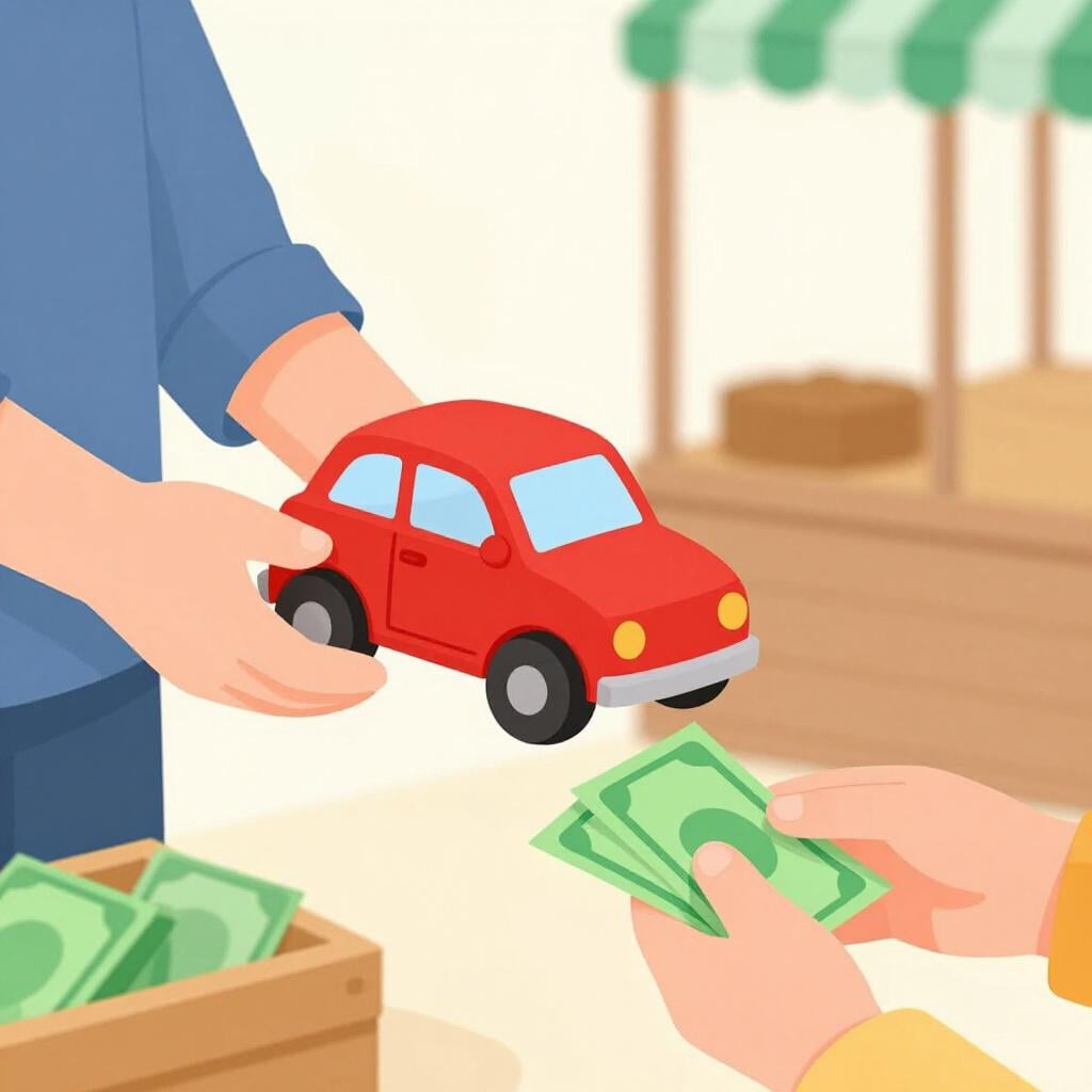 A person handing a wooden toy car to another person in exchange for paper money.
