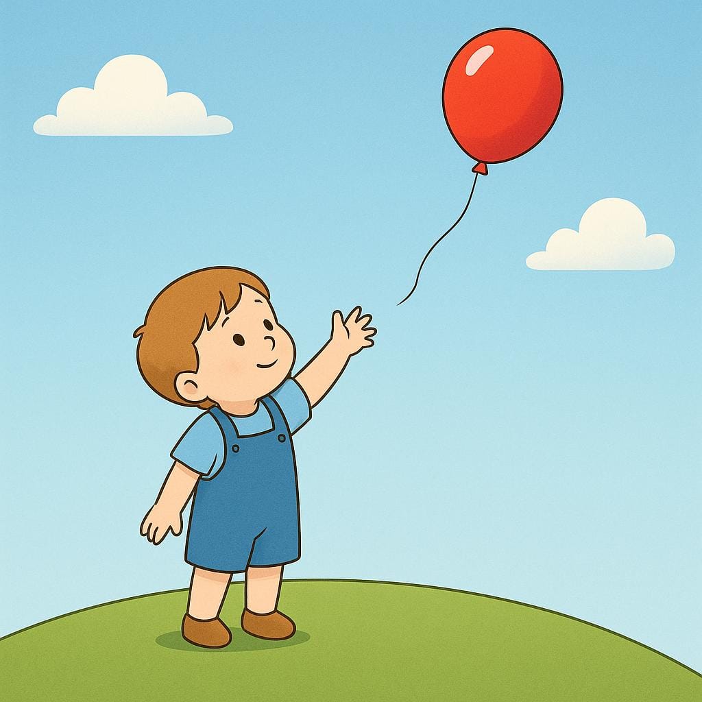 Małe dziecko stojące na zielonym wzgórzu, tęsknie wyciągające rękę po jaskrawoczerwony balon unoszący się tuż nad jego palcami, symbolizujące hipotetyczne posiadanie.