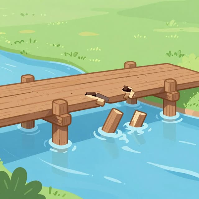 A wooden bridge with a large break in the center, sagging into a river.