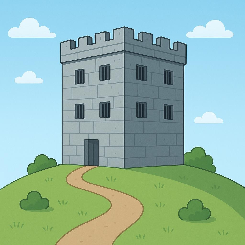 A large, imposing, fortress-like building with high gray walls and small barred windows, representing a prison facility.