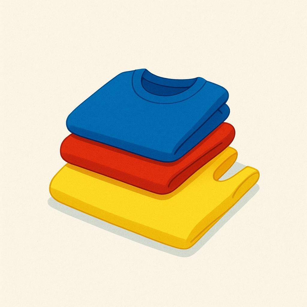 A stack of folded clothes, including a blue shirt, red pants, and a yellow dress, against a plain background.