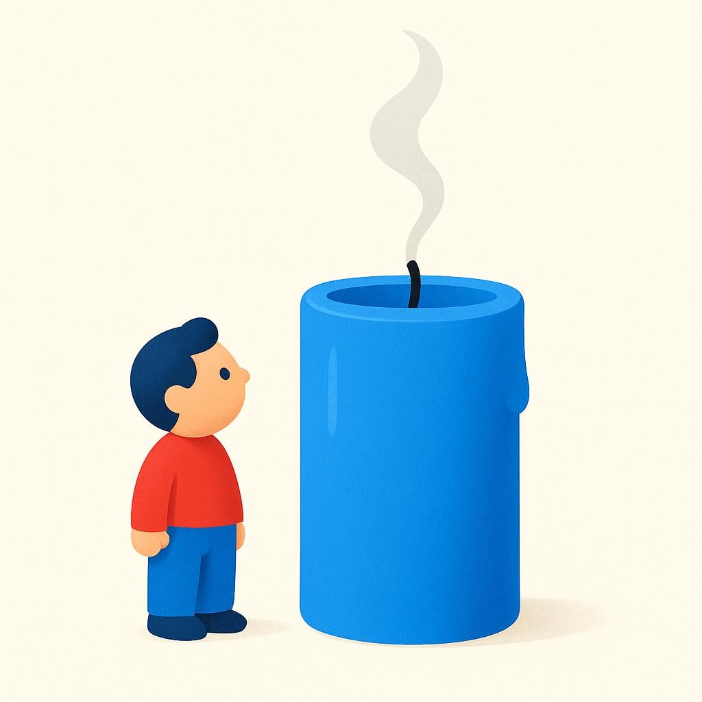 A stylized illustration of a solitary figure standing next to a large, extinguished candle. A thin wisp of smoke rises from the wick, symbolizing the finality of an action.