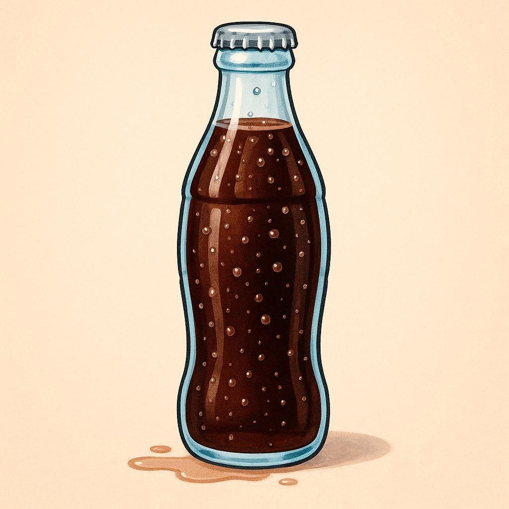 A sealed, clear glass bottle filled with a dark brown carbonated soft drink, showing condensation on the glass.