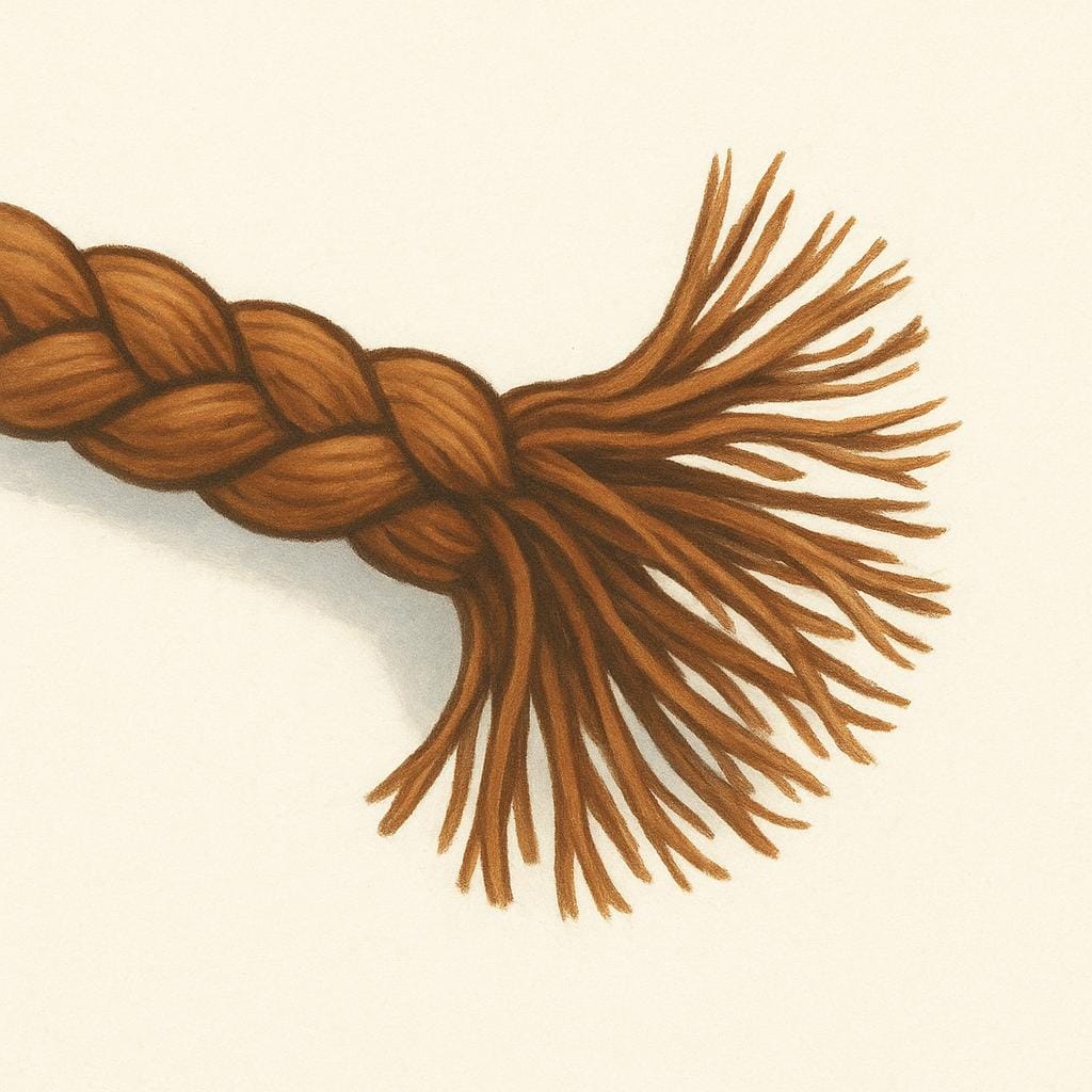 A thick, brown braided rope is shown with the final, frayed extremity visible.