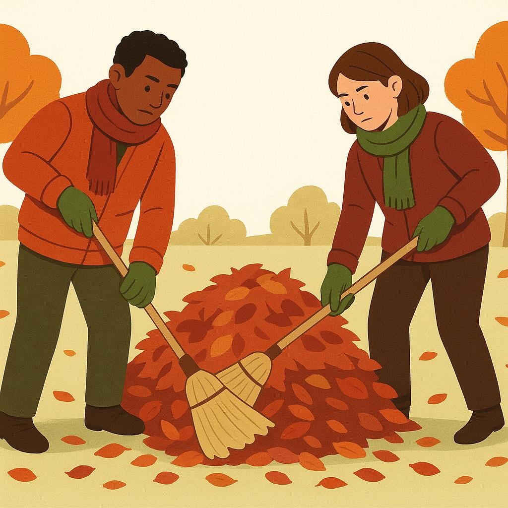 Two people wearing gloves, looking focused, as they work together to sweep a large pile of autumn leaves into a bag, symbolizing a necessary task.