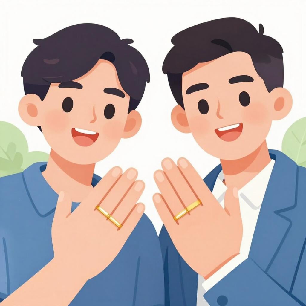 Two smiling men standing side-by-side, both wearing visible gold wedding bands on their fingers.