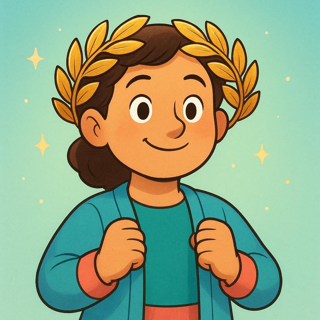 A joyful cartoon character proudly wearing a large, golden laurel wreath on their head, symbolizing honor and distinction.