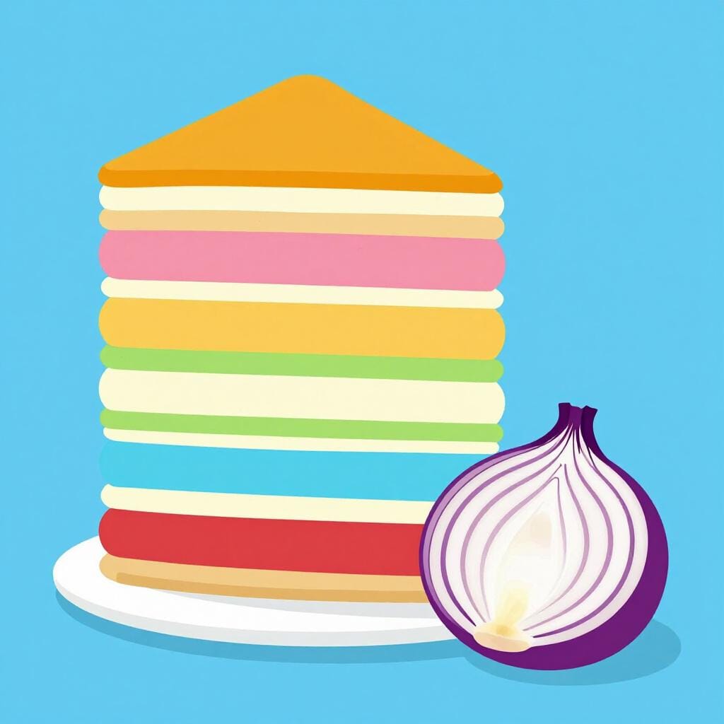 Eine bunte Torte mit mehreren deutlichen Schichten und einer halbierten Zwiebel, die ihre Ringe zeigt.