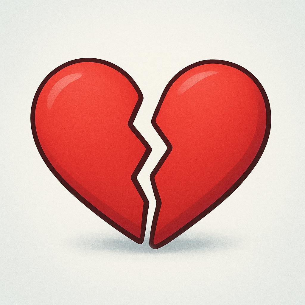 Two halves of a large, stylized red heart that have been visibly pulled apart, showing a clean break down the middle.
