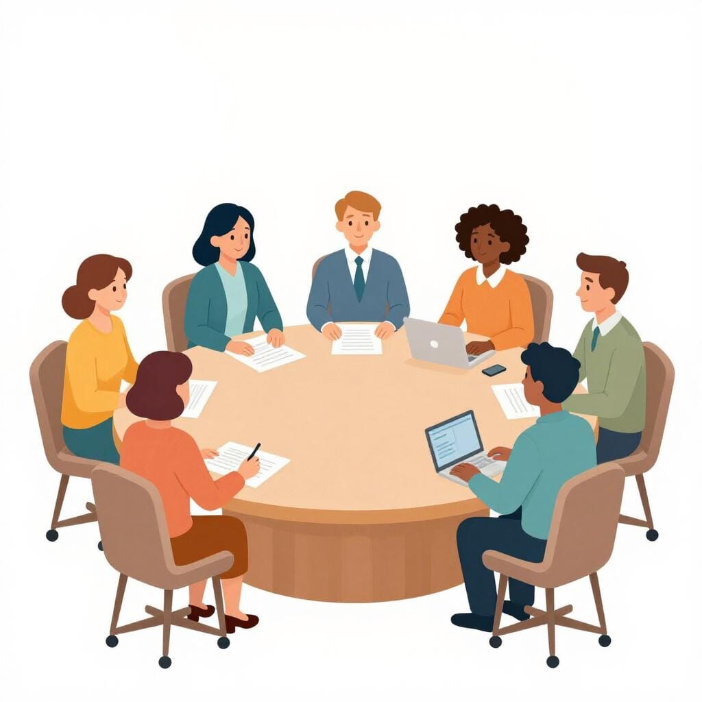 A group of professional people sitting around a large circular table in a meeting.
