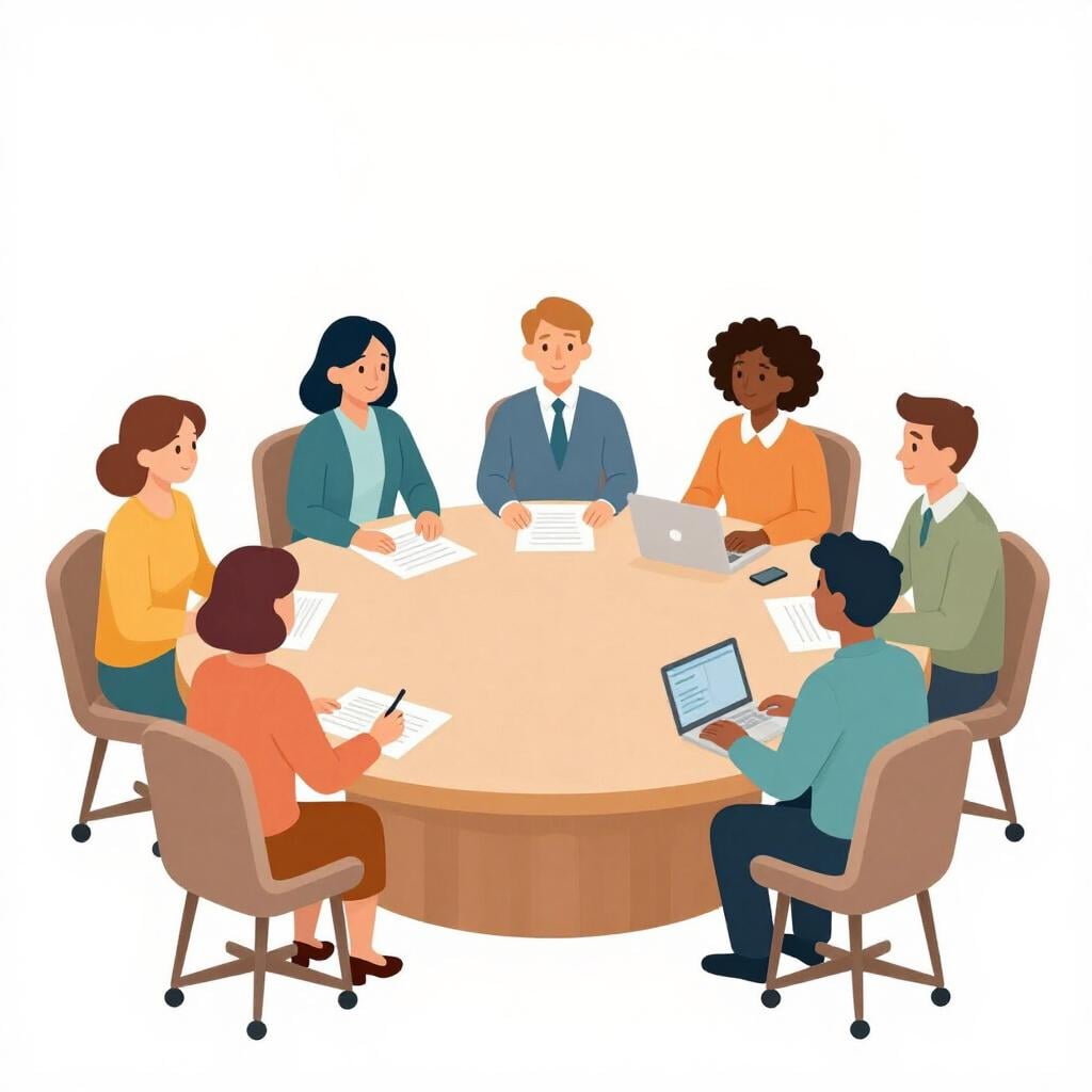 Um grupo de pessoas profissionais sentadas em volta de uma grande mesa redonda em uma reunião.