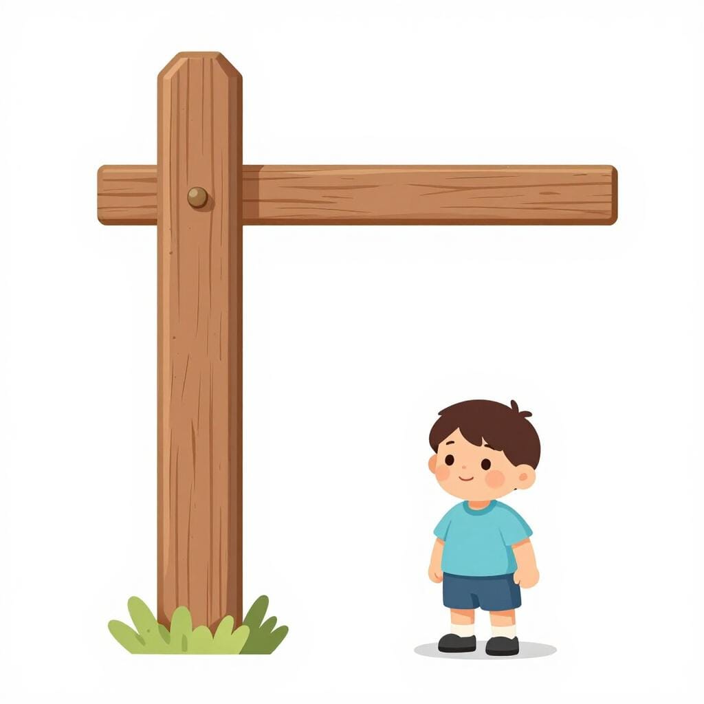 Un enfant debout à côté d'un grand poteau en bois avec une seule marque horizontale brillante indiquant une exigence de hauteur.