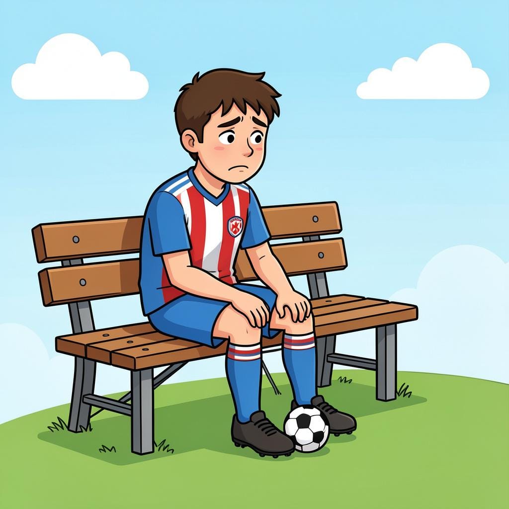 A soccer player sitting on a bench on the sidelines looking sad while other players are on the field.