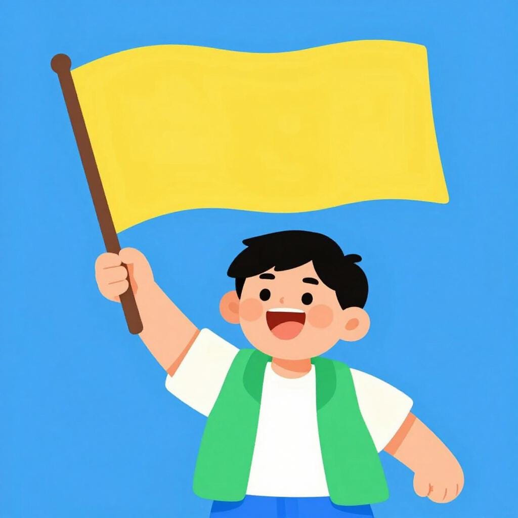 Een persoon met een brede glimlach en heldere ogen die krachtig met een kleurrijk spandoek zwaait.