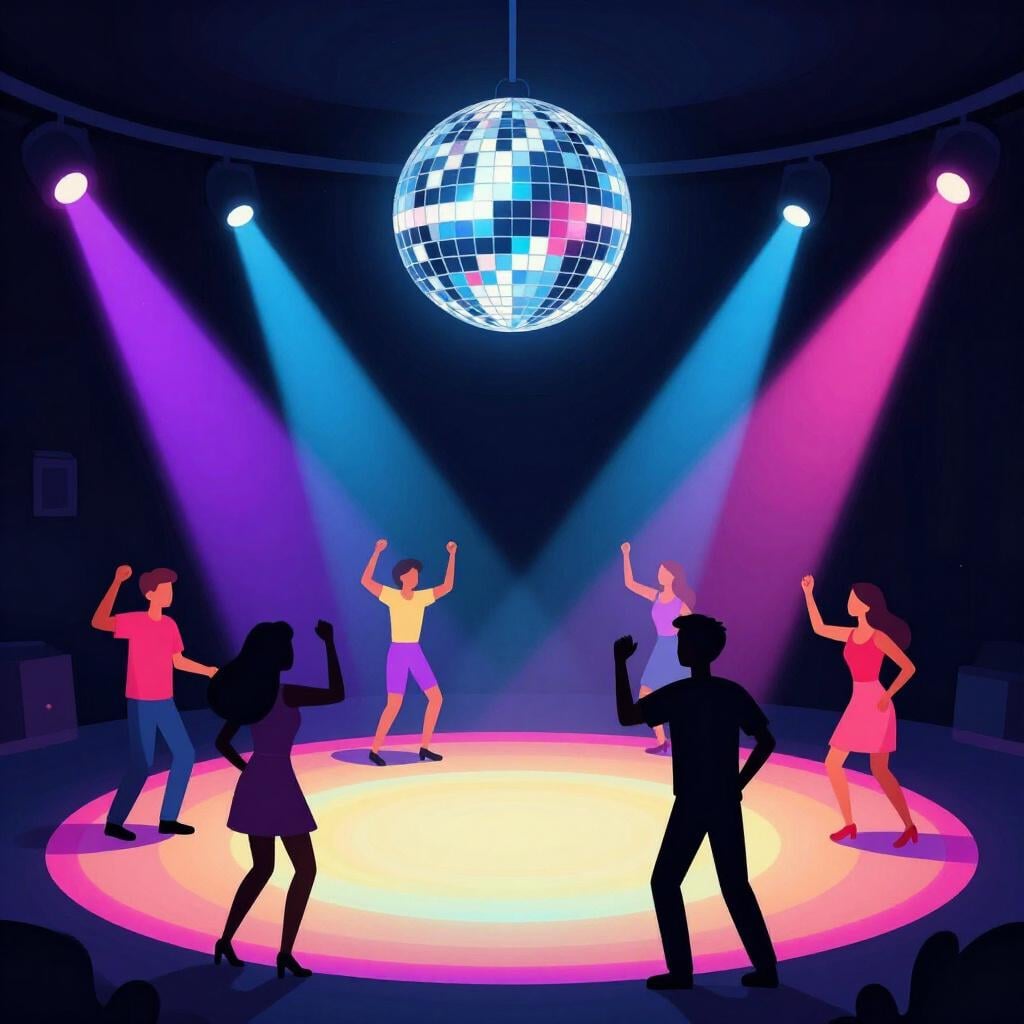 A vibrant dance floor with silhouettes of people dancing under colorful lights and a disco ball.