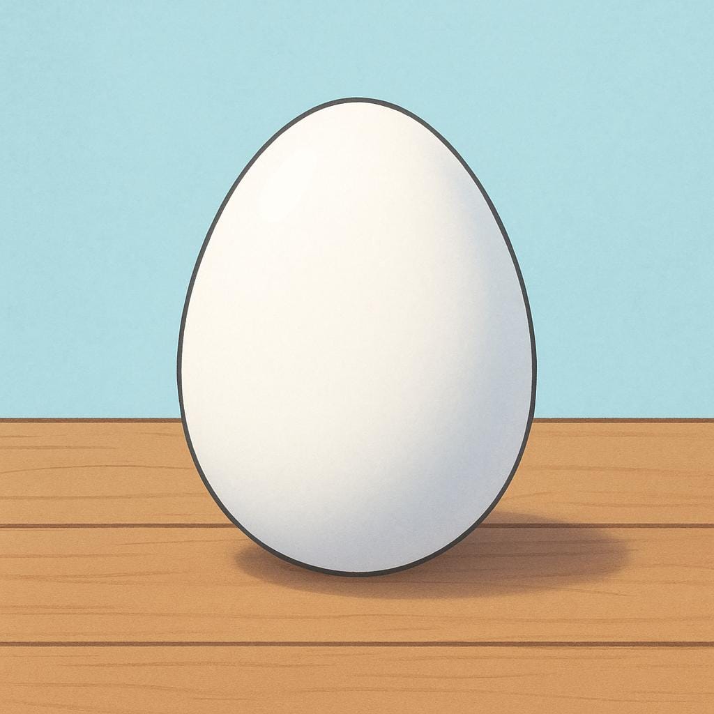Um único ovo branco liso e intacto repousando em pé sobre uma mesa simples, simbolizando um objeto completo e totalmente formado.