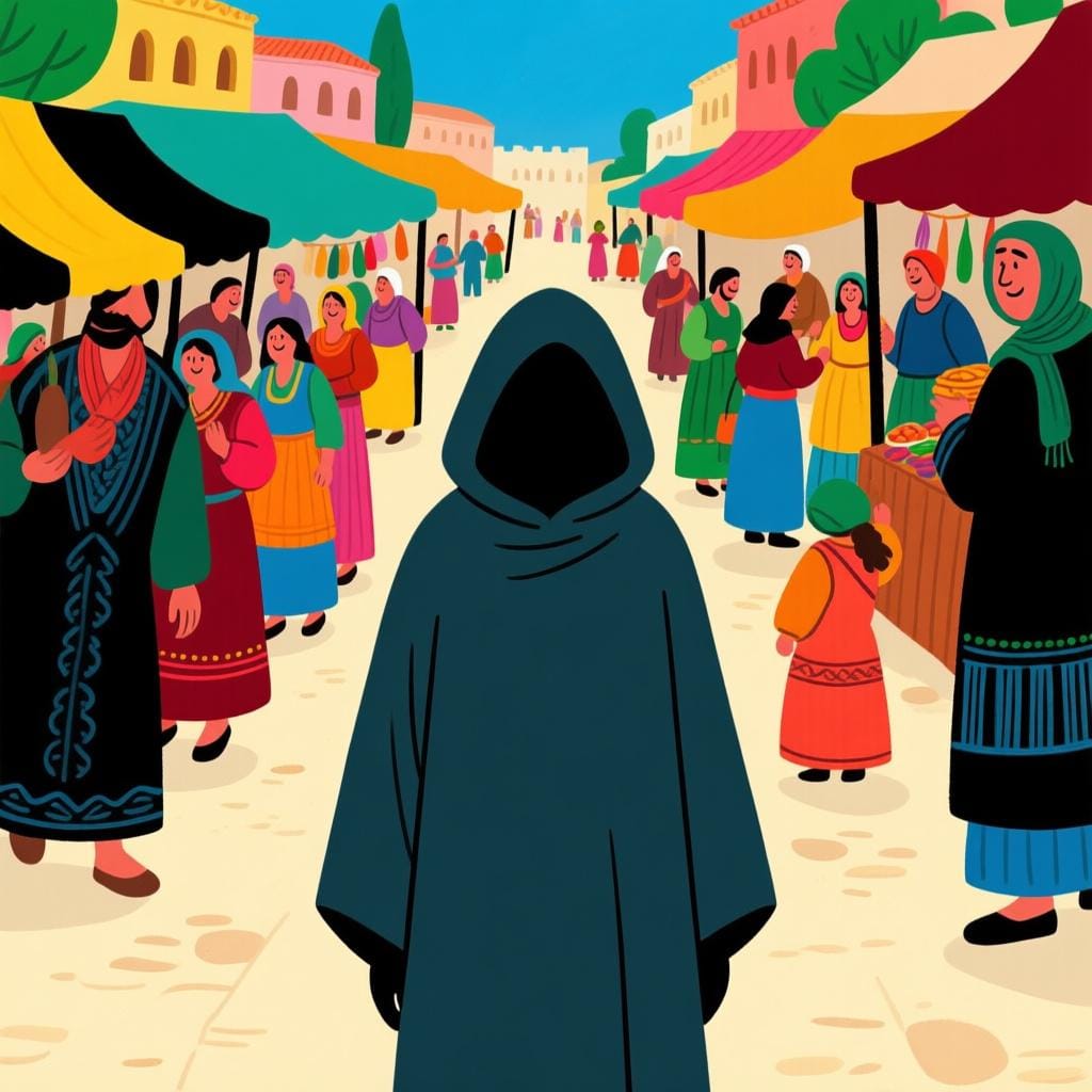 A busy street scene where many people are smiling and interacting, but one figure is completely cloaked and stands apart, their identity unknown.