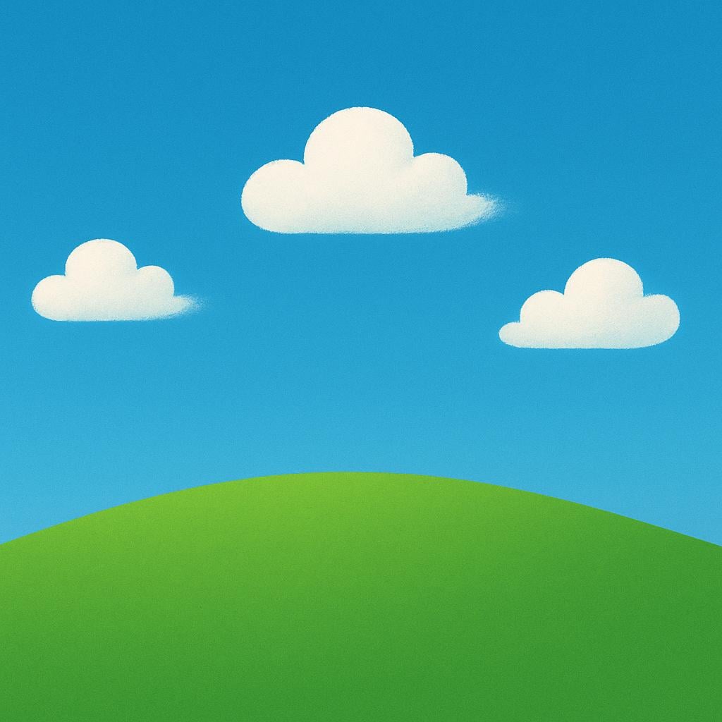 A vivid blue sky dominates the scene, with three distinct white, fluffy clouds visibly drifting across the frame above a simple green landscape, symbolizing things passing or happening.