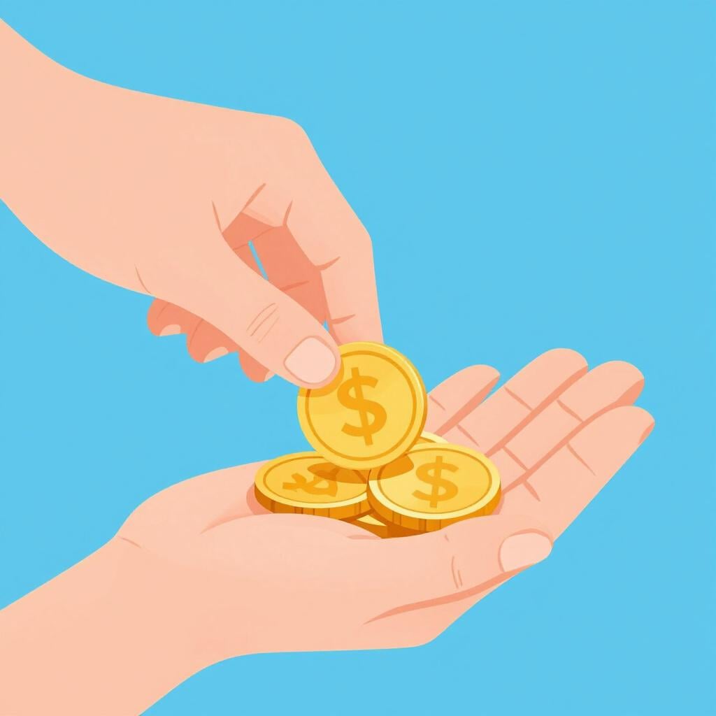A hand placing a gold coin into another person's open hand.
