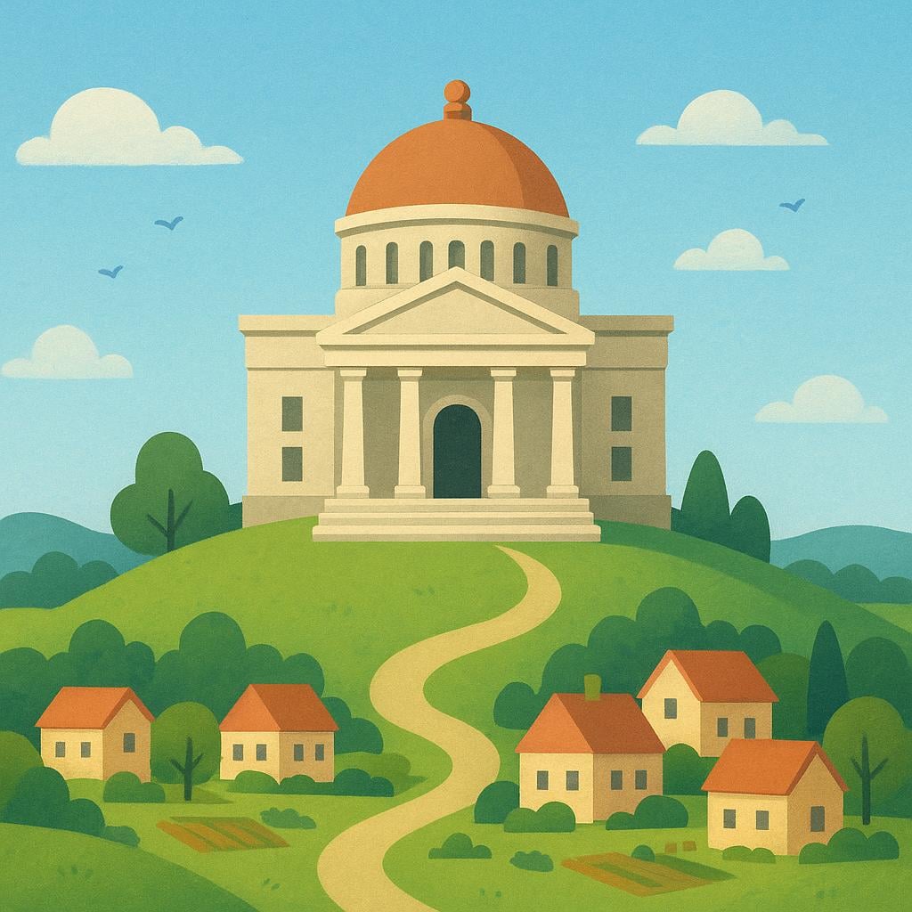 A majestic, simplified, central government building with a large dome, situated on a hill overlooking an orderly village, symbolizing governance.