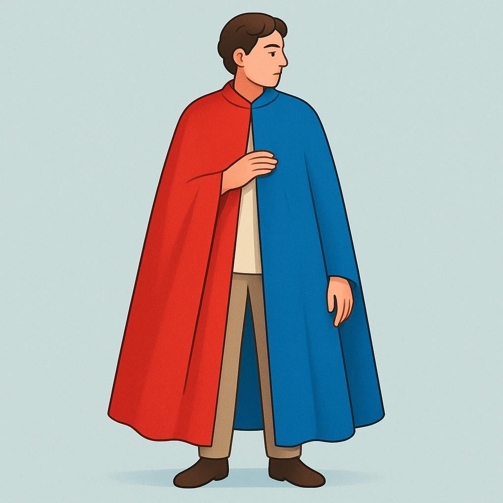 A simplified illustration of a person wearing a cloak that is distinctly half red and half blue, symbolizing a change in allegiance or belief.