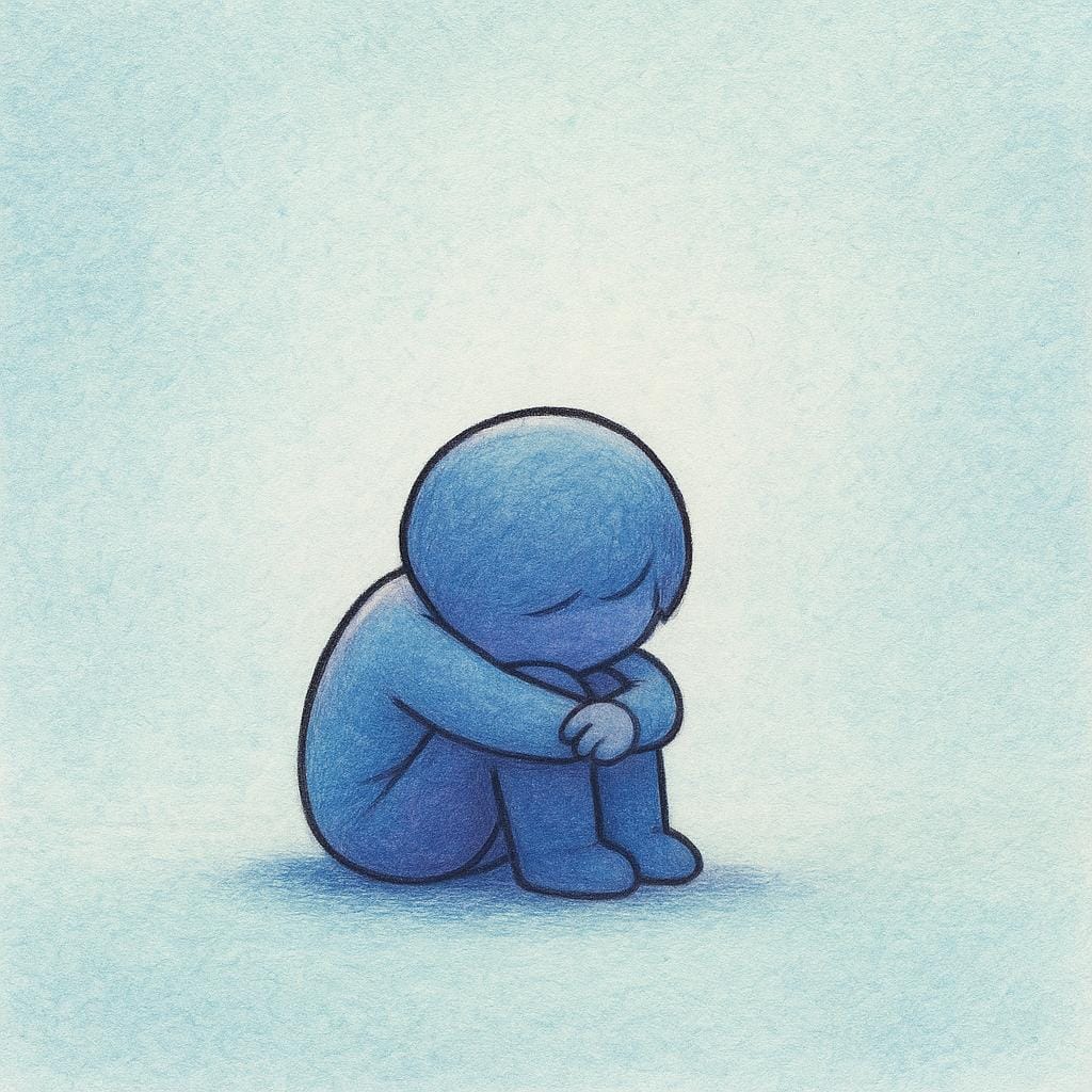 A storybook illustration of a small person sitting alone on the ground with their head buried in their knees, symbolizing extreme hopelessness.