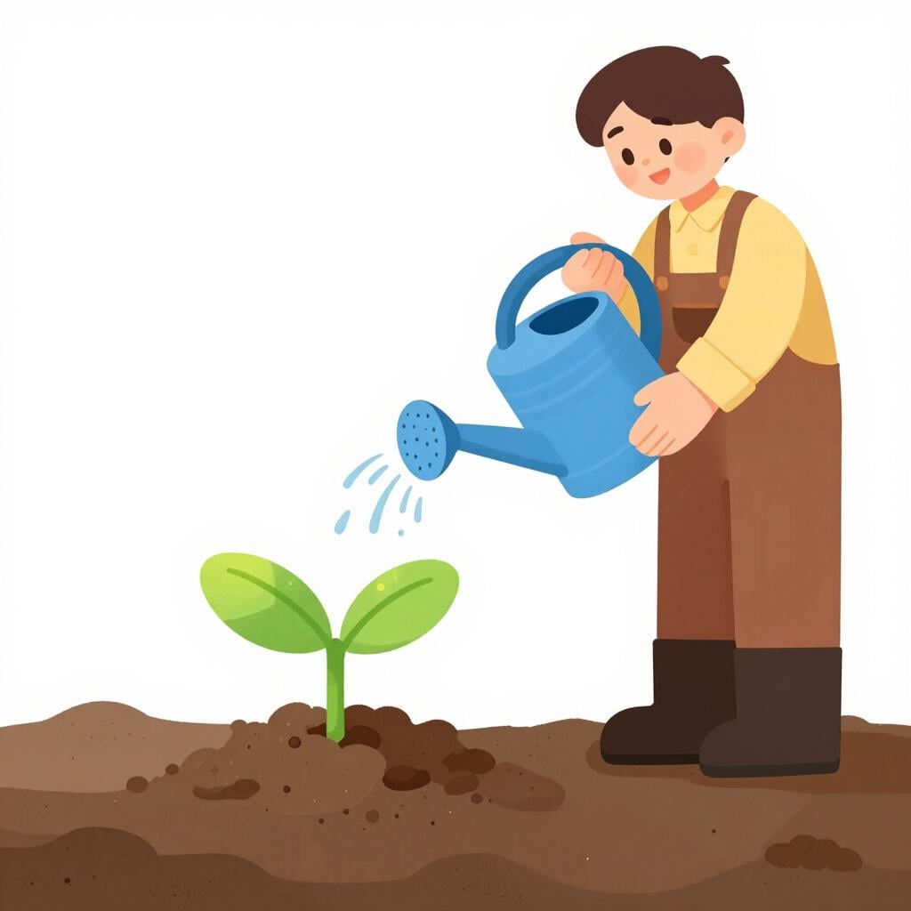 A gardener watering a small green plant to help it grow.
