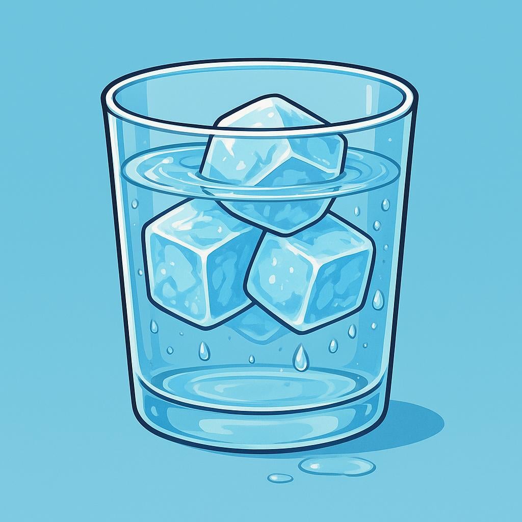 A clear glass of water filled with large ice cubes, showing condensation and frost on the outside, representing low temperature.