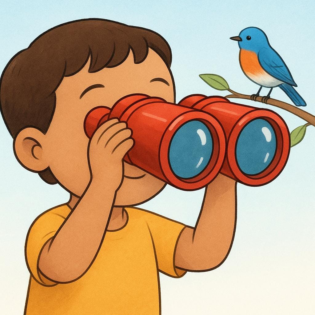 A smiling child holding red binoculars up to their eyes, looking intently at a distant bird perched on a branch, depicting the action of having looked.