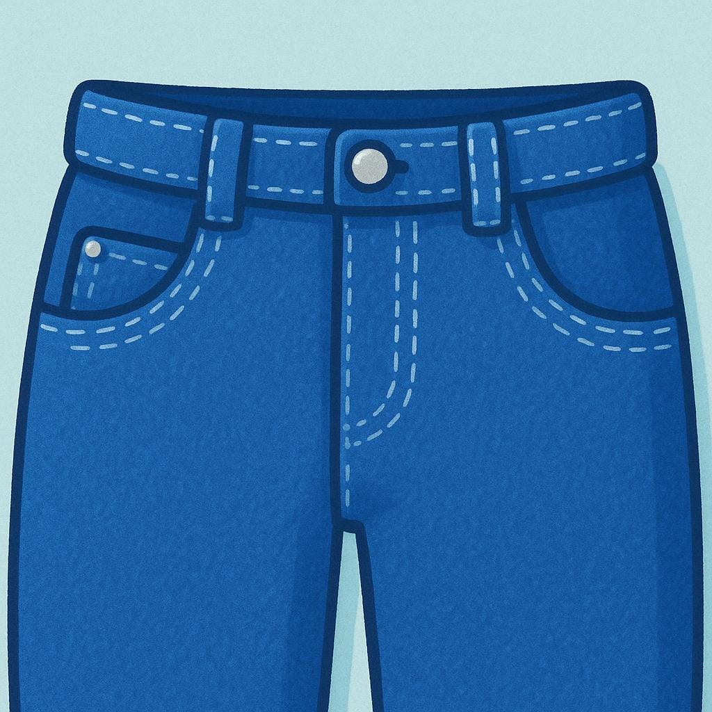 A close-up view of blue denim jeans clearly showing two empty front pockets.