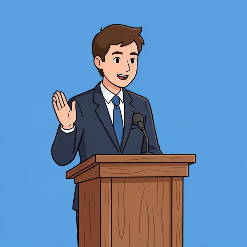A formal person standing at a wooden podium with a microphone, making an official announcement.