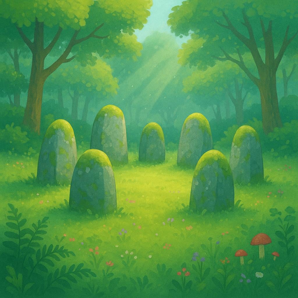 A storybook illustration depicting ancient, moss-covered standing stones in a forest clearing, representing a non-Abrahamic or pagan place of worship.