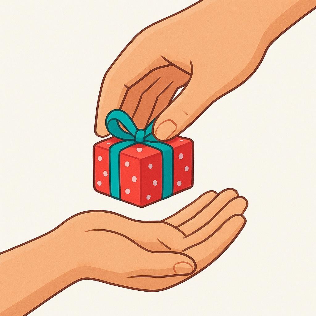 Two hands positioned vertically, with the upper hand gently placing a small, brightly colored, wrapped present into the open palm of the lower hand, symbolizing the completed action of receiving.