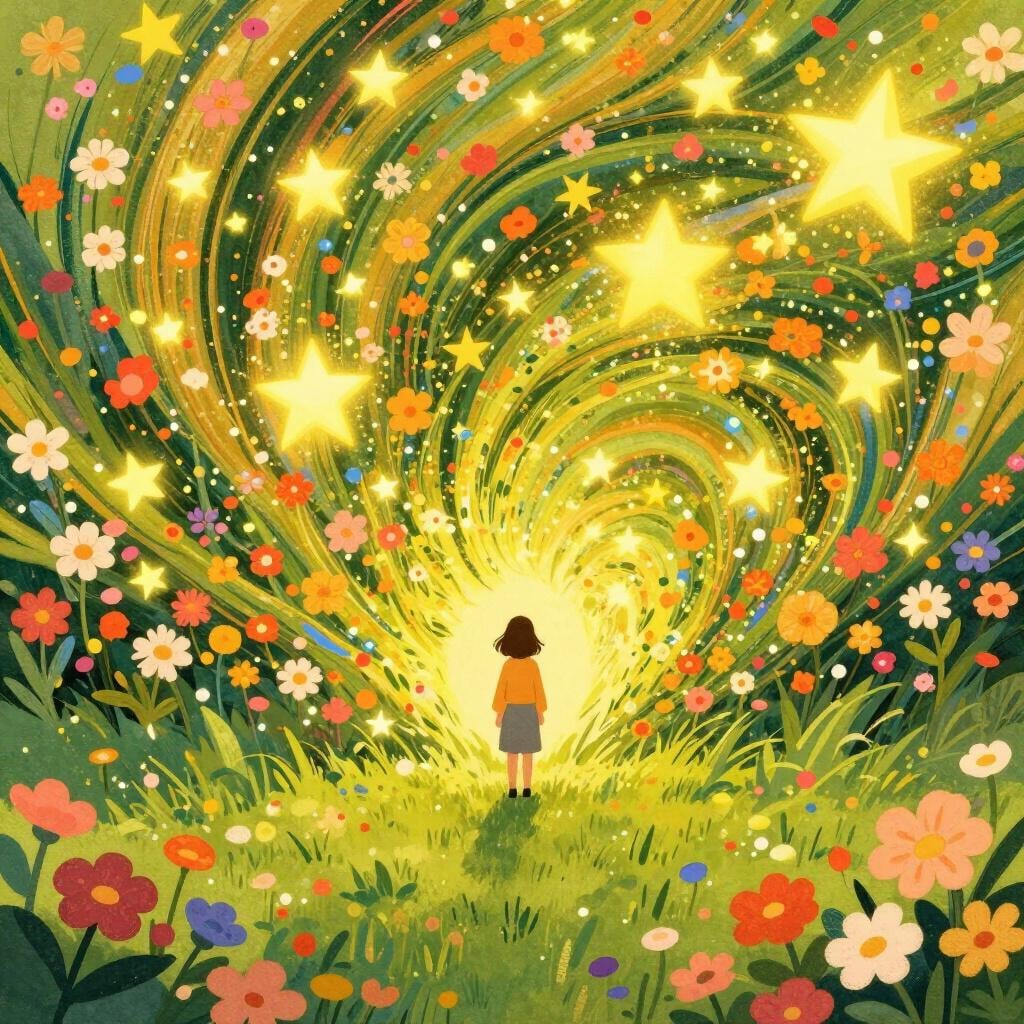 A person standing in a field with their eyes closed as a giant, soft wave of colorful flowers and sparkling light washes over them.