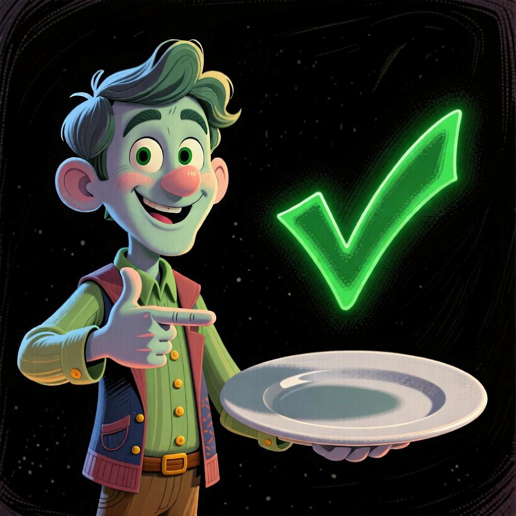 A person pointing to themselves with a proud smile, with a checkmark next to a finished meal, representing the concept 'I have eaten'.