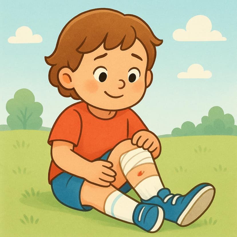 A small cartoon child sitting on the ground, gently holding their knee with a look of mild physical discomfort.